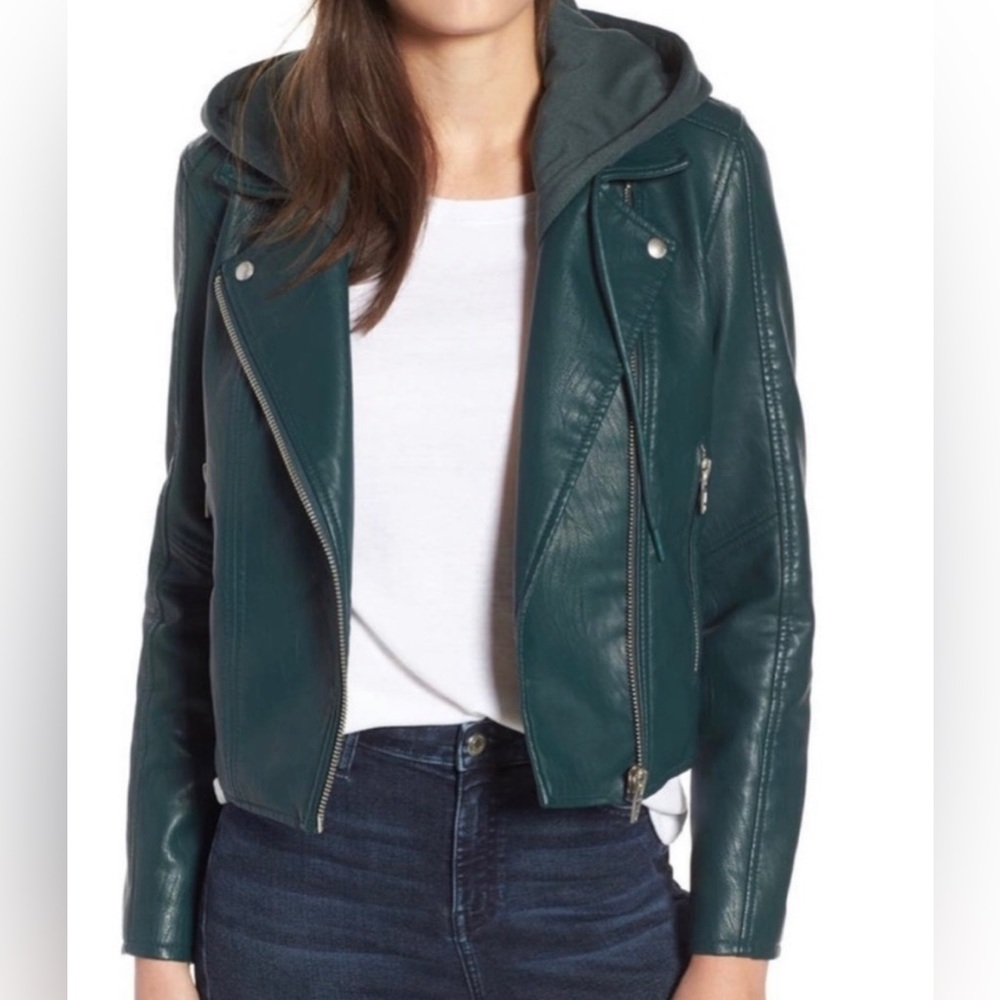 Blank NYC Vegan Leather Green Moto Jacket Womens Small Asymmetrical Zipper